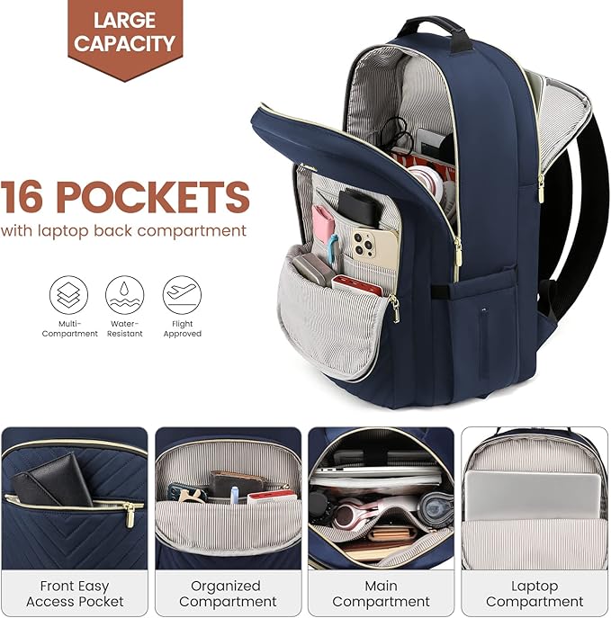 LOVEVOOK Laptop Backpack Purse for Women, Work Business Travel Computer Bags, College Nurse Backpack for Womens, Quilted Casual Daypack with USB Port, Fit 15.6 Inch Laptop, Navy