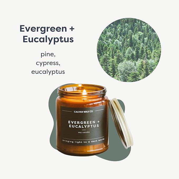 Calyan Wax Co. Soy Wax Candle, Evergreen + Eucalyptus Scented Candle, 57 Hour Burn Time, Aromatherapy Soy Candles, Non Toxic & Vegan Soy Wax, Amber Glass Jar Scented Candles, 7.2oz