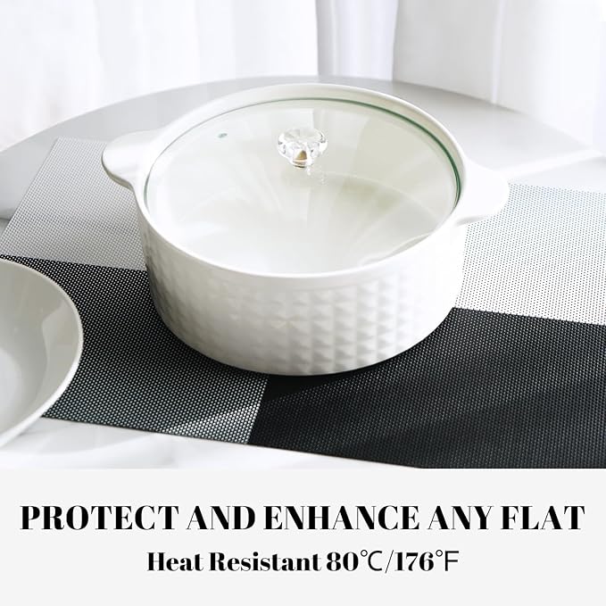 Placemats Set of 12 Vinyl/Plastic Woven Place Mats for Kitchen Table Indoor/Outdoor Washable Placemat Wipeable Dining Table Mats (Grey Grid,12)