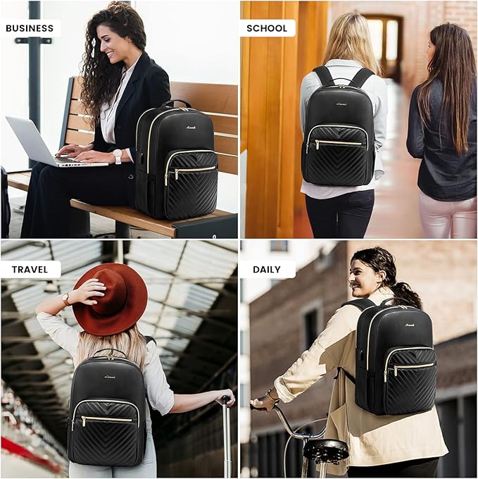 LOVEVOOK Laptop Backpack for Women, Faux PU Leather Quilted Backpack Purse, Business Computer Travel Work Bags, Nurse Backpack for Work, Fits 17-Inch Laptop, Black