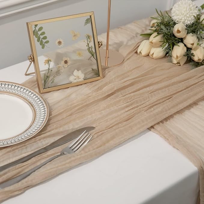 16 Pack Beige Cheesecloth Table Runner, 35x120 Inch Boho Gauze Table Runners, Cheese Cloth Long Table Runner Elegant Table Runners for Party Wedding Bridal Baby Shower Table Decor (Beige)