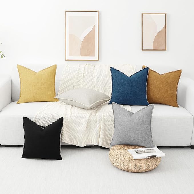 decorUhome Decorative Outdoor Throw Pillow Covers 26x26 Set of 2, Square Linen Rustic Neutral Farmhouse Euro Pillow Covers with Stitched Edge for Couch, Sofa, Living Room, Beige