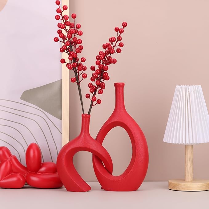 Dark Red Unique Hollow Bud Vases Set of 2,Modern Snuggle and Huging Style Ceramic Vase for Pampas Grass,Living Room Decorations for Fireplace,Coffee Table Centerpiece,Mantle,Bookshelf Decor