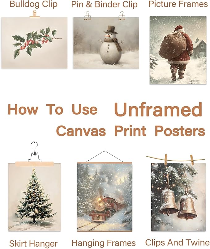 ASTRDECOR Vintage Christmas Wall Art, 9-Piece Winter Holiday Poster Set, Santa, Snowman, Pine Tree Prints for Cozy Xmas Room Décor, Largest 11"x14", Multi Sizes, Christmas Picture Decorations Unframed