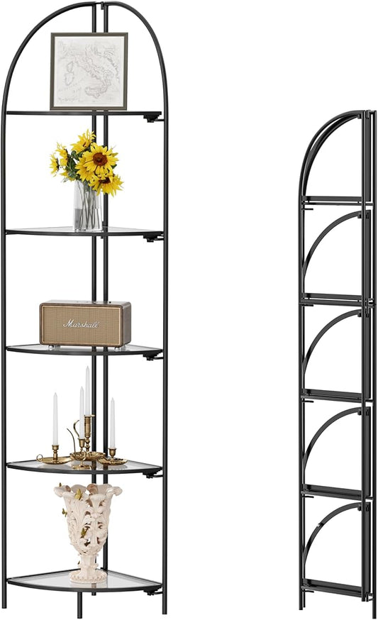 Crofy Foldable 5 Tier Corner Shelf, Metal Corner Plant Stand with Black Frame and Transparent Shelves, Corner Display Rack Multipurpose Shelving Unit for Living Room, Bedroom, Bathroom
