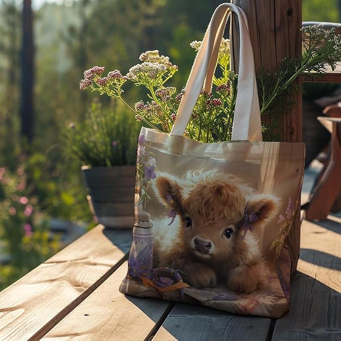 Western Highland Cow Canvas Tote Bag - Highland Cow Lover Gifts,Canvas Shoulder Bag for Women for Girls