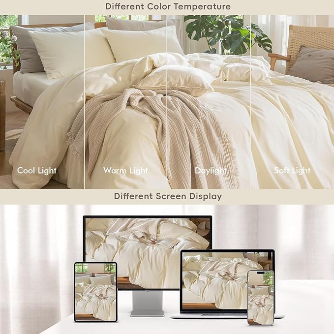 MooMee Bedding Duvet Cover Set 100% Washed Cotton Linen Like Textured Breathable Durable Soft Comfy (Solid Cream White, Twin 68"x90")