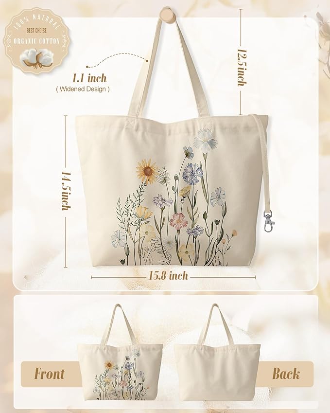 Large Tote Bag for Women - Aesthetic Cute Big Canvas Bags with Zipper Cotton Shoulder Bag for Gym, Travel, Work