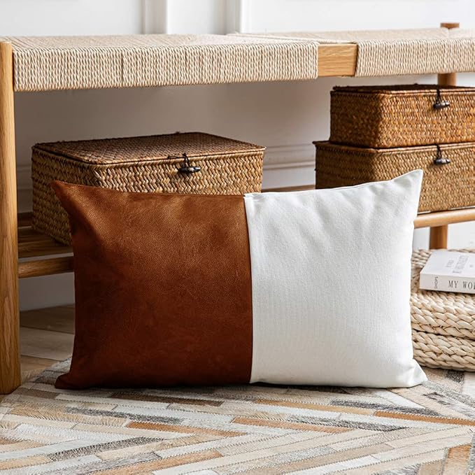 DEZENE Leather Throw Pillow Covers, Set of 2 Modern Leather/Cotton Decorative Pillowcases for Home Decor Bedroom Living Room Couch Bed Sofa, 12x20 Inch, Cognac-Brown and White