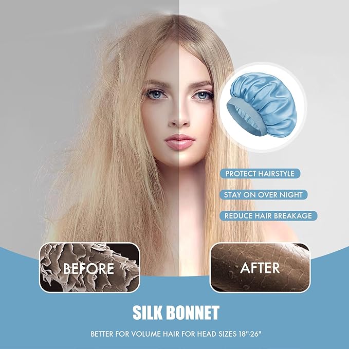 Satin Silk Bonnet for Sleeping, Double Layer Silk Sleep Cap for Men & Women, Soft Satin Lined Bonnet for Natural & Curly Hair(Light Blue)