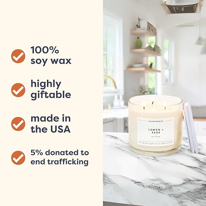 Calyan Wax Co. 3 Wick Candle, Rosewood + Amber Scented Candle, 43 Hour Burn Time, 3 Wick Soy Candles, Non Toxic & Vegan Soy Wax, Ceramic Scented Candles, 26oz