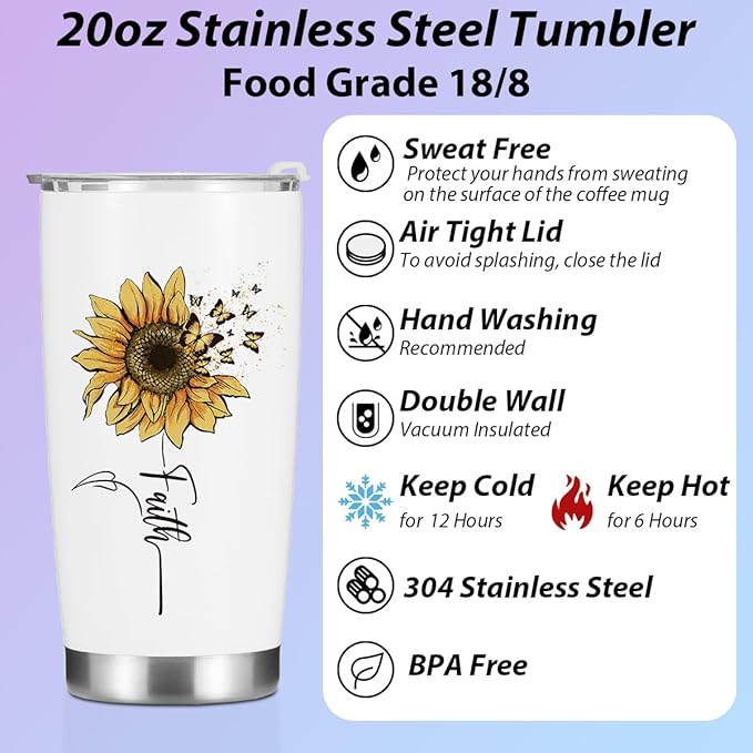 Sunflower Gifts for Women Tumbler, Positive Butterfly Christian Gifts Birthday Christmas, Faith Religious Gifts Coffee Mug Stainless Steel Vacuum Insulated Double Wall Travel Cup with Lid，20oz
