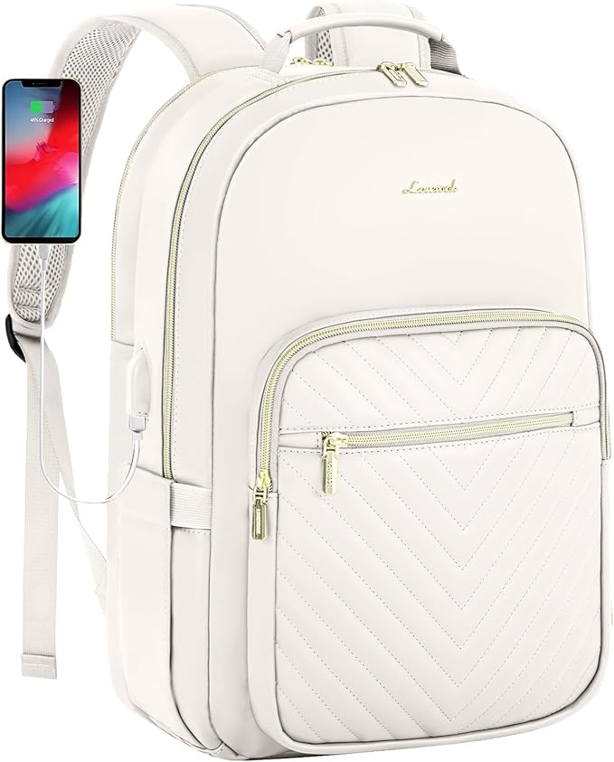 LOVEVOOK Leather Backpacks for Women,17.3 inch Leather Laptop Backpack Women Computer Backpack Laptop Bag,Stylish Quilted Travel Backpack Purse Work College Teacher Backpacks with USB Port,Off-white