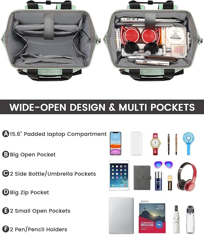 FALANKO Laptop Backpack for Women,College Work Teacher backpack for 15.6 Inch laptop with USB Charging Port,Travel Anti Theft Laptops Backpack RFID Anti Theft, Shoulder Purse Bags Green Black