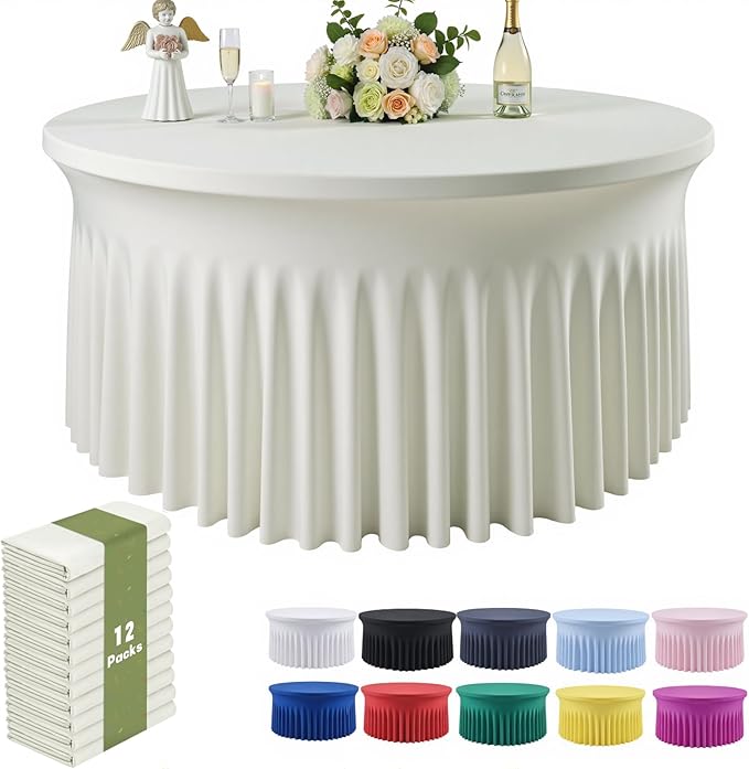 Outpain 12 Pack 72inch Ivory Spandex Round Tablecloths, Stretchy 132inch Fitted 6FT Round Table Cloths, Wrinkle Free Table Cover with Skirt for Wedding Party Dining Banquet