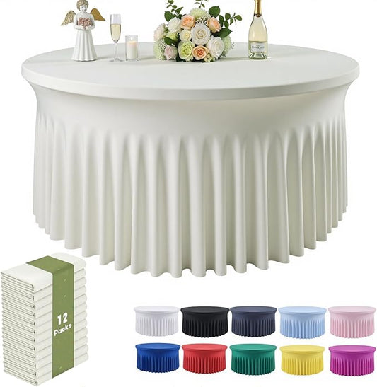 Outpain 12 Pack 72inch Ivory Spandex Round Tablecloths, Stretchy 132inch Fitted 6FT Round Table Cloths, Wrinkle Free Table Cover with Skirt for Wedding Party Dining Banquet