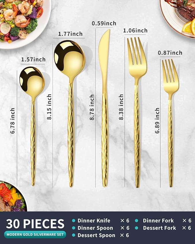 Hammered Gold Silverware Set,30 Piece Stainless Steel Flatware Set for 6,Modern Cutlery Set,Includes Spoon Fork Knives Set,Home Kitchen and Restaurant,Dishwasher Safe