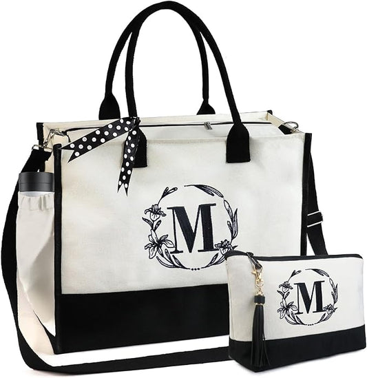 BeeGreen Embroidery Monogram Initial Tote Bag for Women Teacher Mom Friend Personalized Gift for Birthday Beach Work Wedding