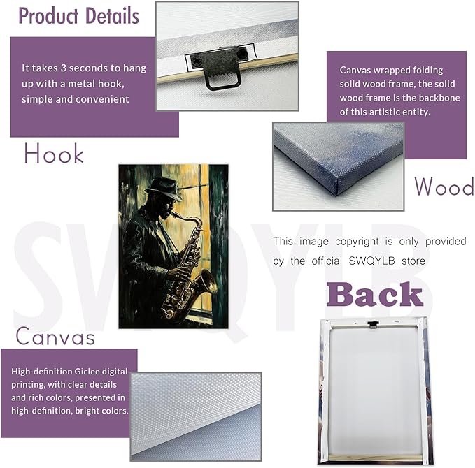 SWQYLB Black Music Wall Art Abstract Jazz Wall Decor African American Painting Canvas Musical Instruments Pictures Classroom Music Men Room Decor Framed (Yellow, (28.00" x 42.00"))