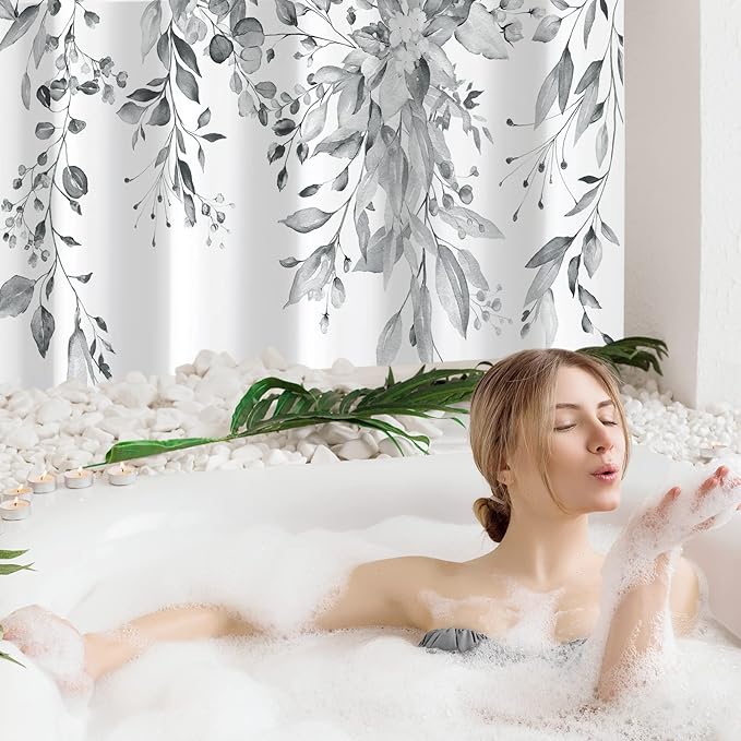 Gibelle Small Stall Shower Curtain 36 x 72, Narrow Grey Floral Decorative Bathroom, Watercolor Plant Eucalyptus Leaves Fabric with Hooks