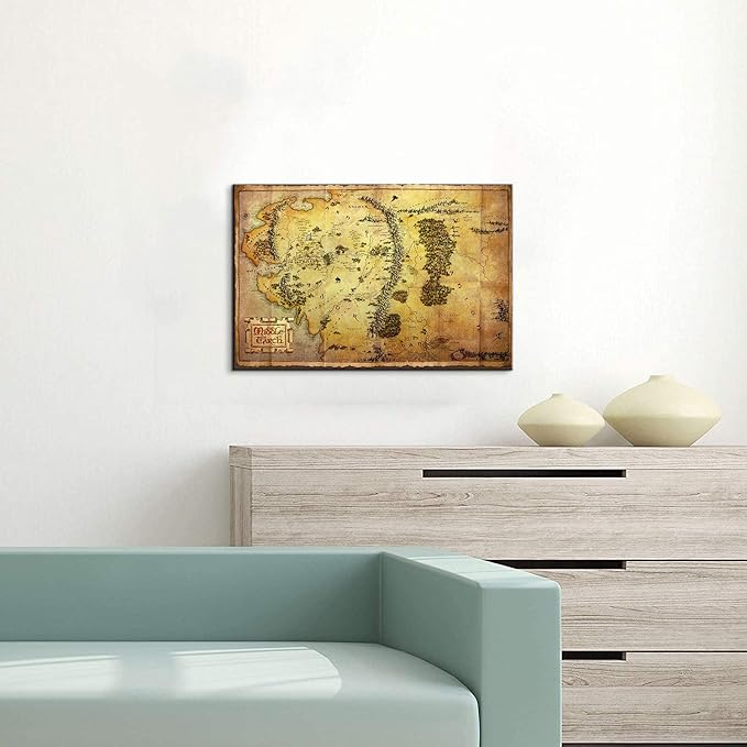 Middle Earth Map Wall Art with Built-in Wooden Frame - Map of Middle Earth Wall Decor for Game Room - Lightweight & Easy Hanging, 16x24 Inches