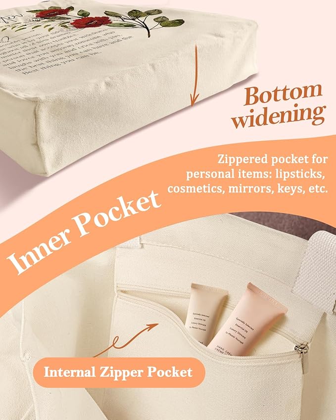 Aesthetic Heavy Canvas Tote Bag with Pocket for Women, Cloth Gusseted Totes Bag with Pattern for Shopping