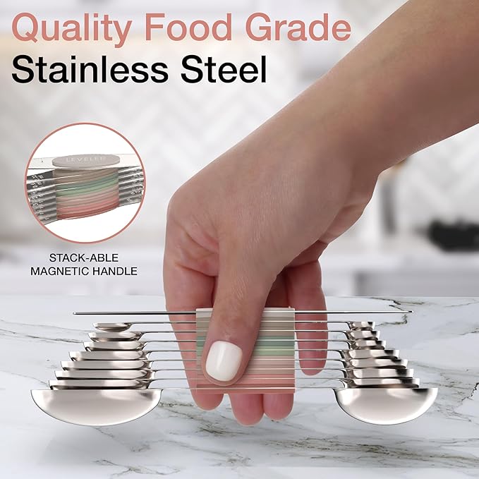 Magnetic Measuring Spoons Set - Stainless Steel, Double Ended, Stackable & Nested Design for Dry and Liquid Ingredients, Ideal for Spice Jars, 9-Piece Set with Leveler (Country Chic)