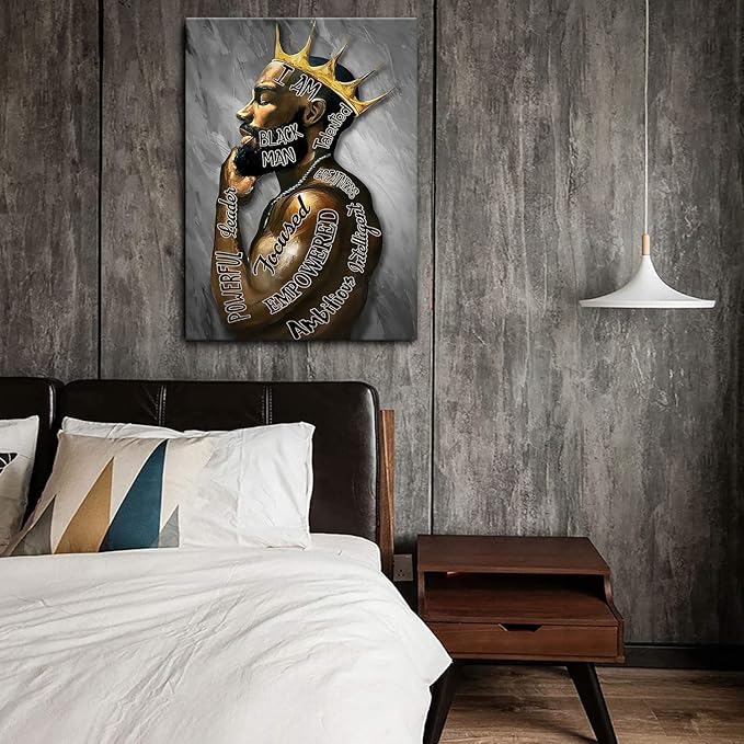 Framed Inspirational Black Man Wall Art African American Men Portrait Wall Art Motivational Quotes Afro King Poster Abstract Canvas Prints Painting Home Decor for Bedroom Living Room Ready to Hang