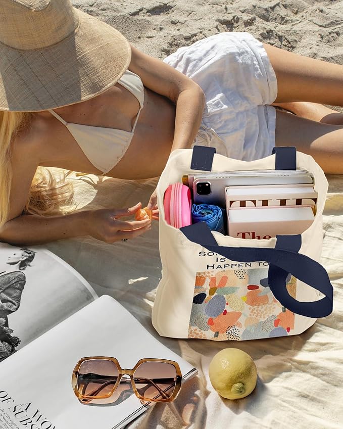 Aesthetic Heavy Canvas Tote Bag with Pocket for Women, Cloth Gusseted Totes Bag with Pattern for Shopping