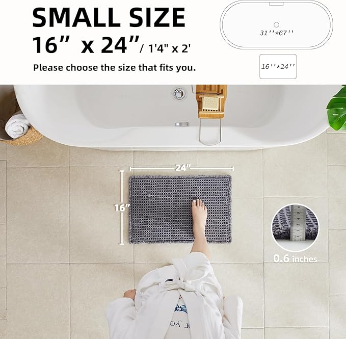 Waffle Bath Mat, Boho Bathroom Rugs Non Slip Washable Super Absorbent Quick Dry Bath Mat Farmhouse Bathroom Decor, 24"x16" Grey