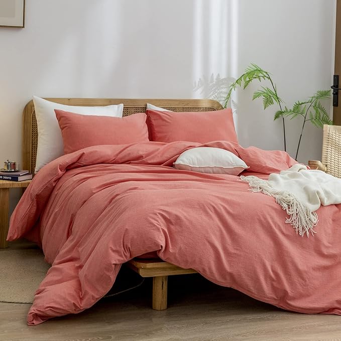 BESTOUCH Duvet Cover Set 100% Washed Cotton Linen Feel Super Soft Comfortable Chic Lightweight 2 PCs Home Bedding Set Solid Orange Twin/Twin XL