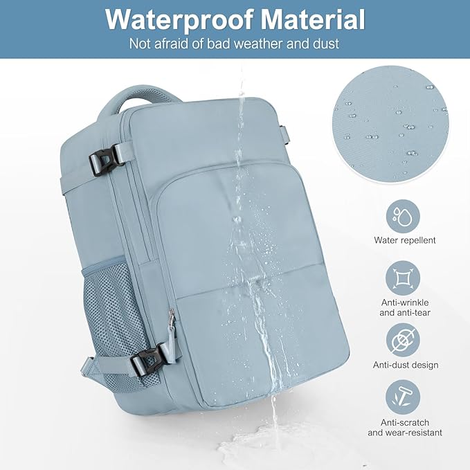 Travel Backpack, Carry on Flight Approved Backpack with Multi-Pockets, TSA Waterproof 17.3inch Laptop Backpack, Personal Item Travel Bag for Men Women, Light Blue