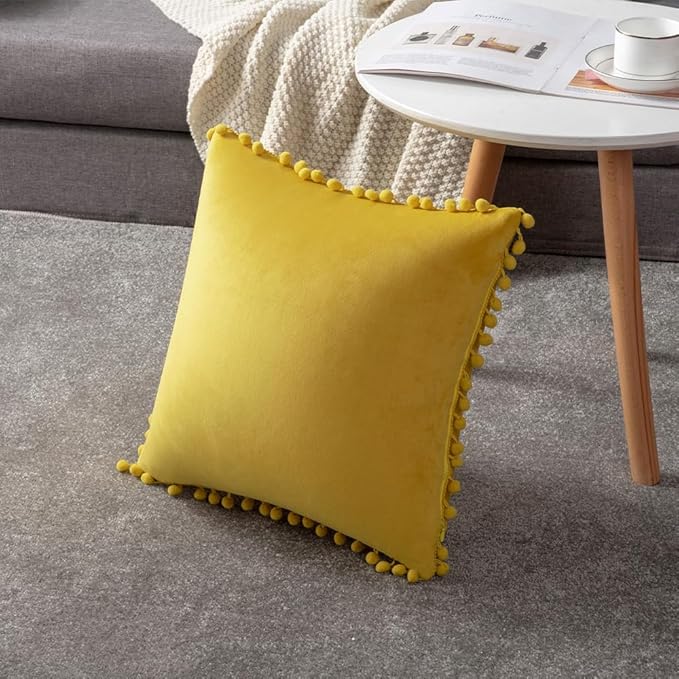 DEZENE Couch Pillow Covers 18x18 Yellow: 2 Pack Cozy Soft Pom-poms Velvet Square Throw Pillow Cases for Farmhouse Home Decor