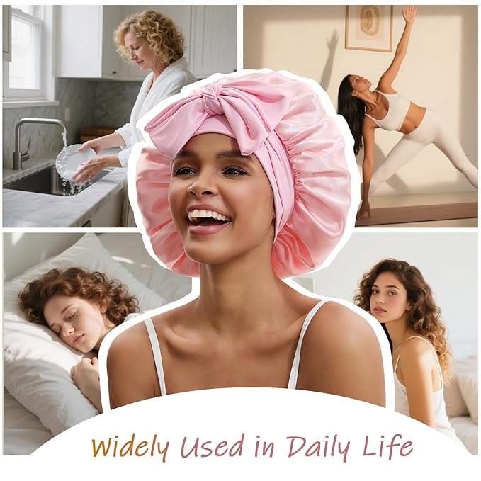 Silk Bonnet for Sleeping Women Satin Hair Cap with Tie Brand Curly Hair Sleep Protection Silk Head Wrap Double Layer - Pink