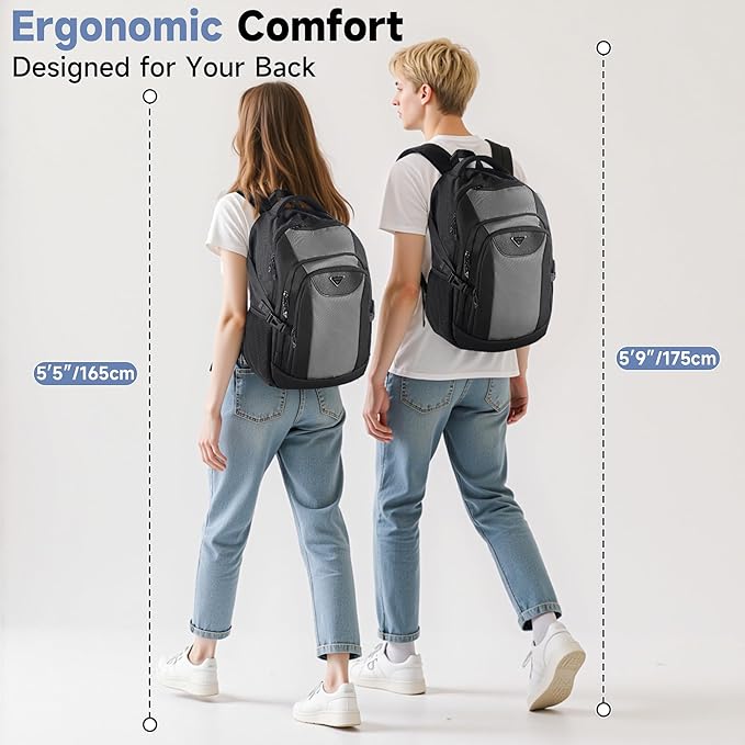 Laptop Travel Backpack with USB Charging Port, Anti-Theft Travel Business Backpack Fits 17 Inch Notebook, 30L Water-Resistant Work Computer Backpack, College School Bookbag for Men Women, Grey/Black