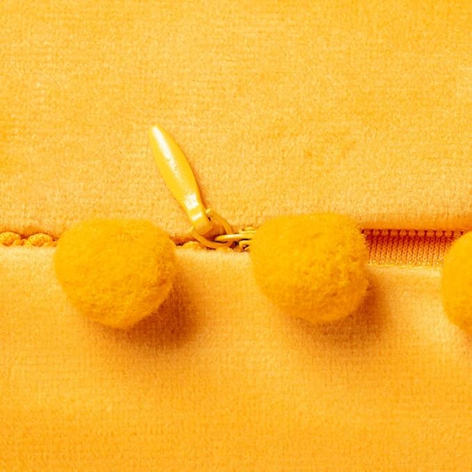 DEZENE Couch Pillow Covers 18x18 Golden Yellow: 2 Pack Cozy Soft Pom-poms Velvet Square Throw Pillow Cases for Farmhouse Home Decor