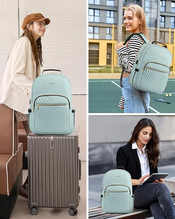 LOVEVOOK Laptop Backpack Purse for Women, Work Travel Computer Bags, College School Backpack for Student Girl, Quilted Casual Daypack with USB Port, Fit 15.6 Inch Laptop, Mint Green