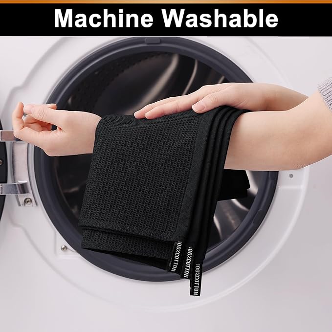 Homaxy 100% Cotton Kitchen Towels and Dishcloths Set - 8 Pack Waffle Weave Soft and Absorbent Dish Towels - 26 X 16 Inch and 12 X 12 Inch - Black