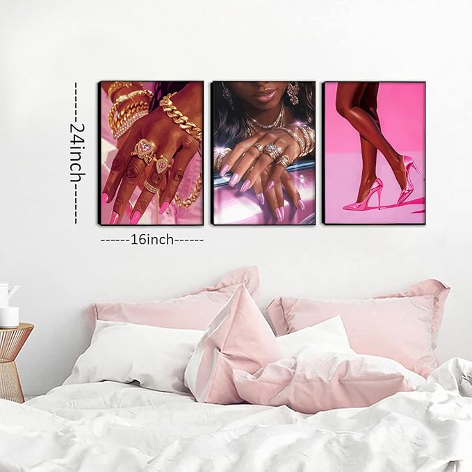 Pink Fashion Black Girl Canvas Wall Art Set of 3 African American Black Woman Posters Wall Decor Fashion Black Woman Pictures Prints for Living Room Bedroom Artwork Home Decoration 16x24Inch Unframed