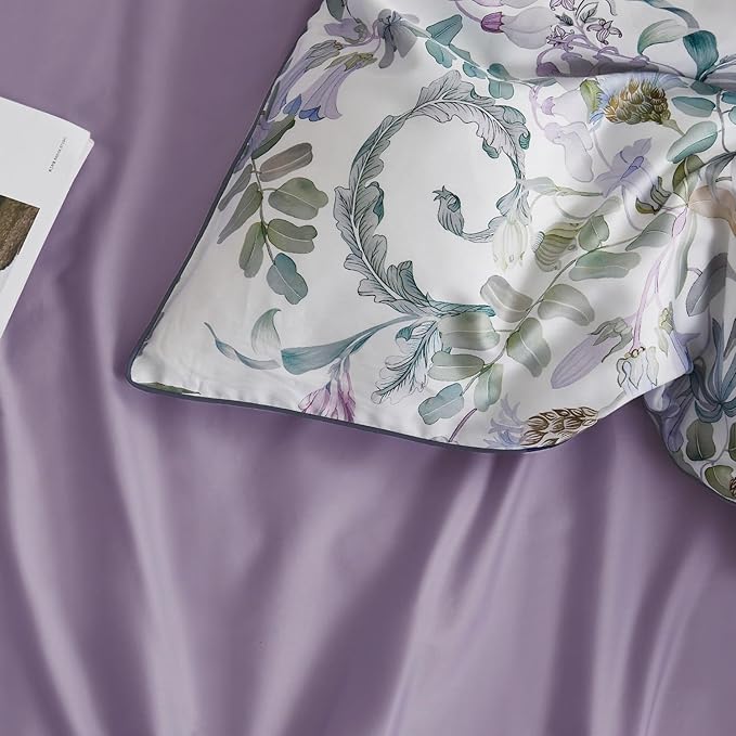mixinni Garden Style Purple Floral Printed on White Duvet Cover Queen Size Flower Leaves Pattern Long Staple Cotton Bedding Set with Zipper Ties for Him and Her, Easy Care, Soft and Breathable