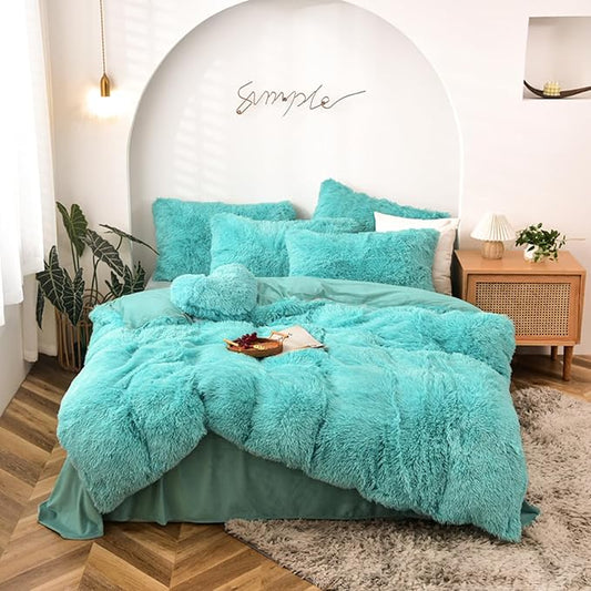 MorroMorn 5 PCS Shaggy Duvet Cover Bedding Set - Long Faux Fur Luxury Ultra Soft Cozy (Aqua, King/California King)