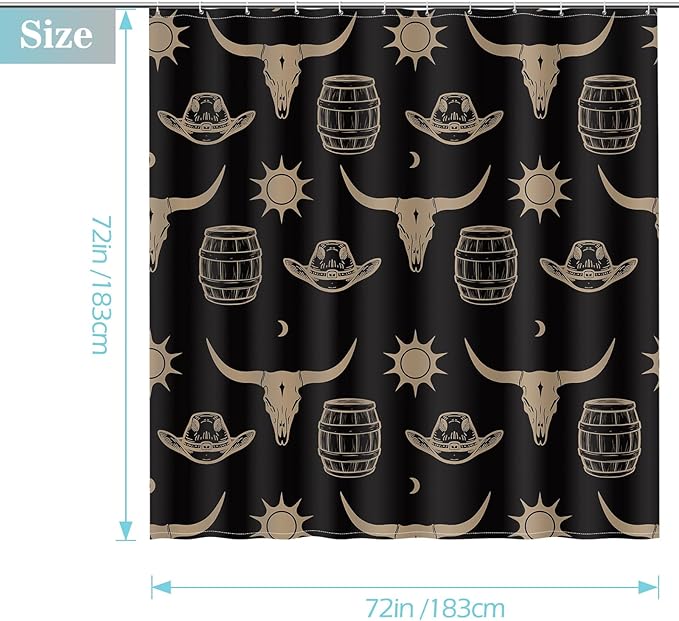 Aimego Western Bull Skull Shower Curtain - Black and Gold Cow Boho Southwest Cowboy Ethnic Tribal Country Farmhouse Fabric Cloth Shower Curtains Set with 12 Hooks for Bathroom Decor, 72"x72"