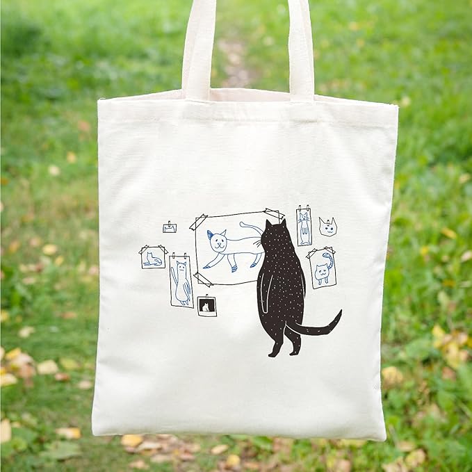 Cute Cat Tote Bag Aesthetic Funny Cats Tote Bag Cotton Canvas Bag for Women Gift Bag Reusable Grocery Bag Beach Bag