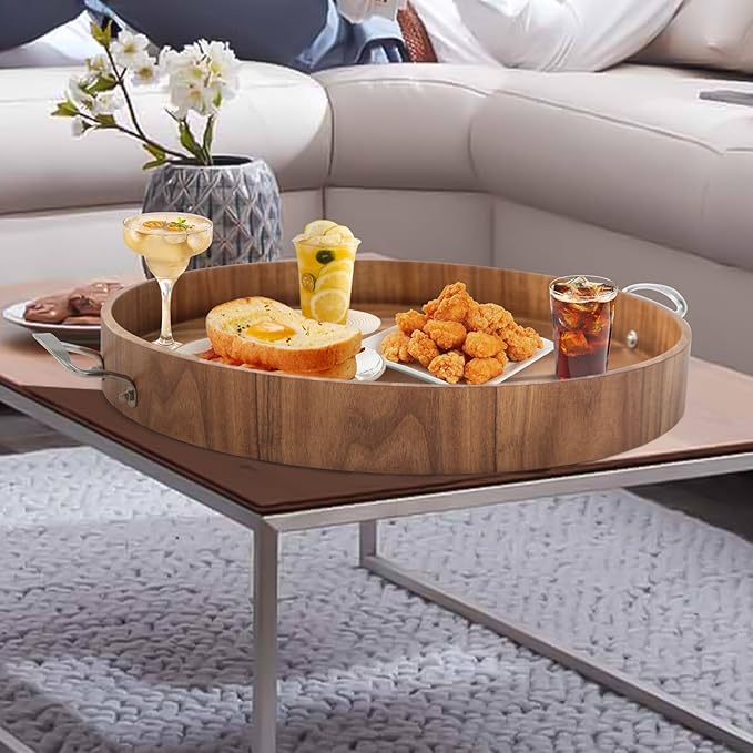 Ottoman Tray with Handles, 20 Inch Round Ottoman Tray Large Trays for Ottomans Wooden Serving Tray Decorative Trays for Living Room, Party, Breakfast, Drinks, Snacks, Appetizers