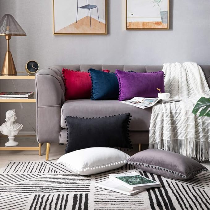 DEZENE 12x20 Throw Pillow Cases Purple: 2 Pack Cozy Soft Pom-poms Velvet Rectangular Decorative Pillow Covers for Farmhouse Home Decor