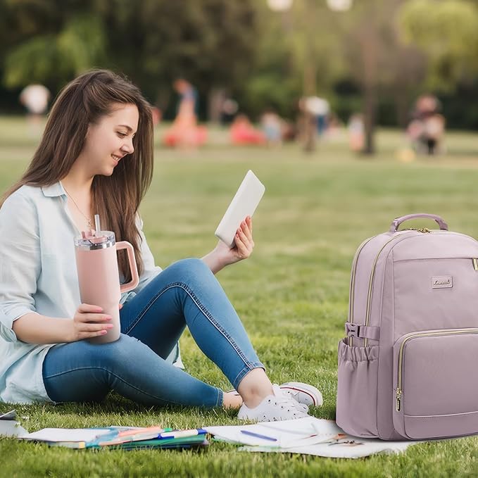 LOVEVOOK Laptop Backpack for Women with Pouch Pocket for Large Capacity Cup,17 Inch Laptop Computer Bag Travel Backpack Purse,Waterproof Work Business Backpack College Teacher Bags,Grayish Purple