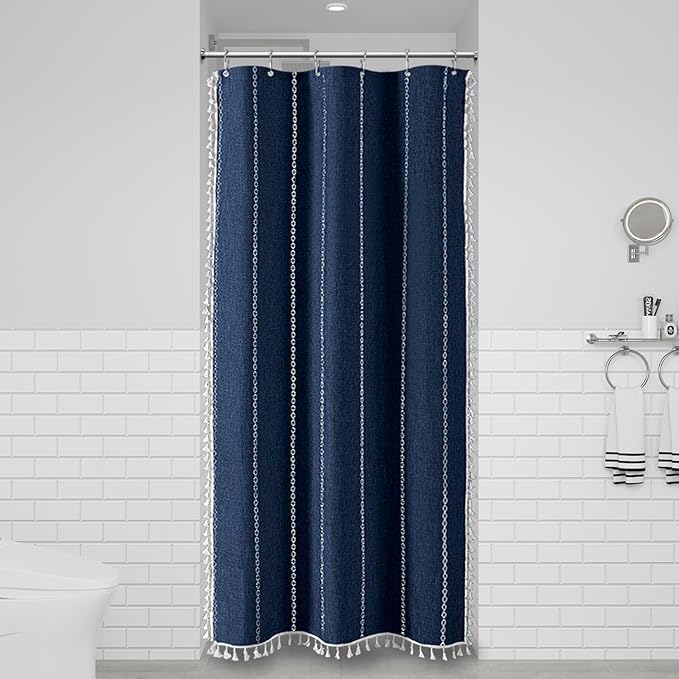 BTTN Boho Shower Stall Curtain - 36x72 Narrow Linen Ultra Thick Striped Tassel Fabric Shower Curtain Set with 6 Hooks, Half Modern Farmhouse Cottage Weighted Shower Curtains for Bathroom - Navy Blue