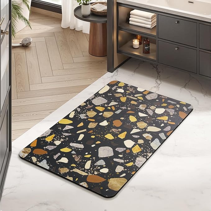 MontVoo -Bath Mat-Non Slip Thin Bathroom Rugs Fit Under Door- Quick Dry Absorbent Faux Suede Surface Grey Bathroom Floor Mats-Shower Rug for in Front of Bathtub Shower Black & Multi Color 17x27.5