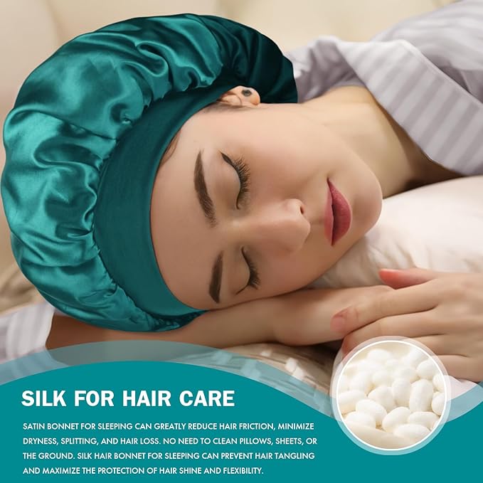 Satin Silk Bonnet for Sleeping, Double Layer Silk Sleep Cap for Men & Women, Soft Satin Lined Bonnet for Natural & Curly Hair(Blue Zircon)