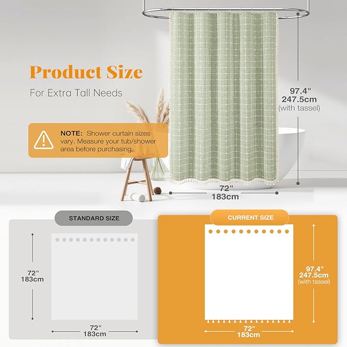 BTTN Extra Long Shower Curtain - 72x96 Inch Long Large Boho Linen Fabric Shower Curtain Set with Plastic Hooks, Tall Bohemian Farmhouse Rustic Vintage Cloth Shower Curtains for Bathroom - Sage Green
